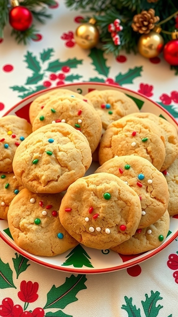 1970s Christmas Cookie Recipe A plate of colorful Christmas cookies on a vintage tablecloth, surrounded by holiday decorations.